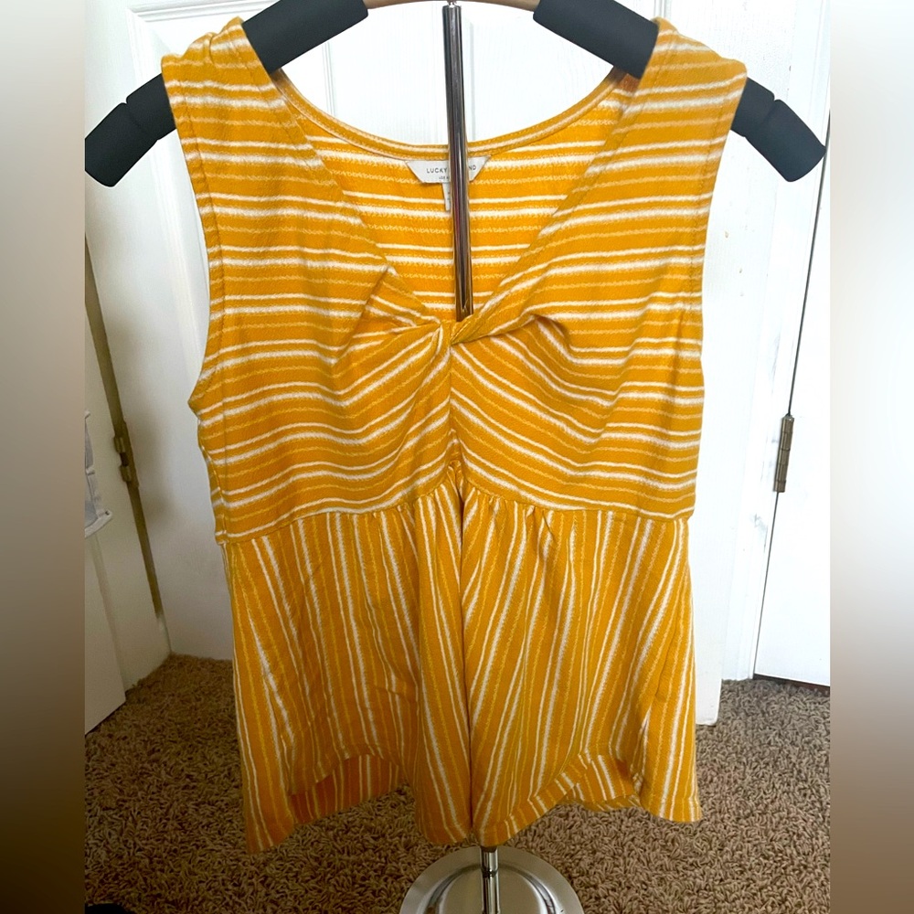 EUC Lucky Brand yellow striped front peplum style tank top- Medium